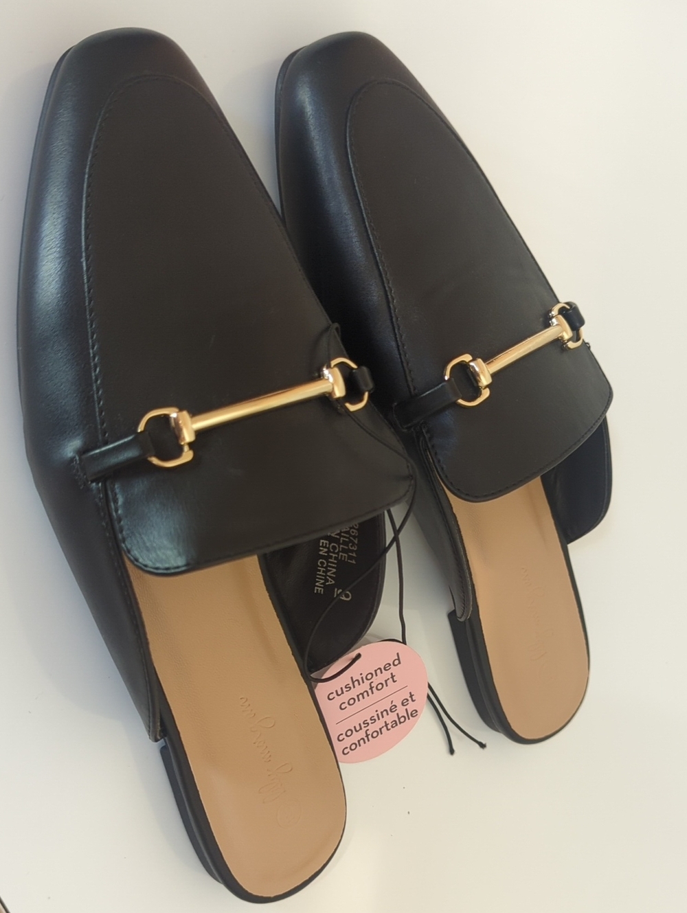 Black Leather Slip-On Mules with Gold Hardware